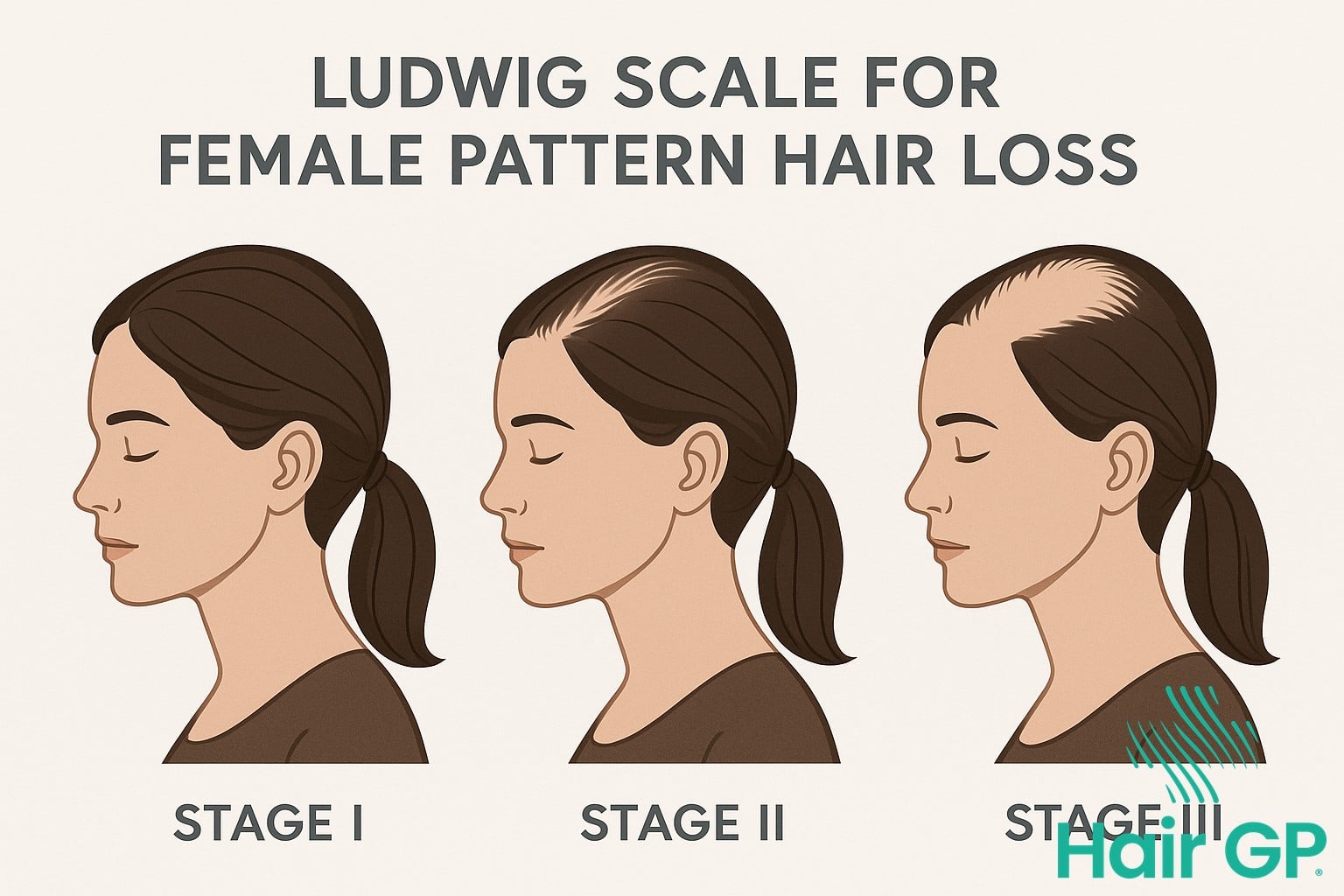 Ludwig scale showing stages of female pattern hair loss progression
