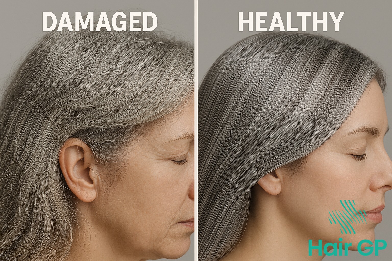 Comparison showing damaged grey hair from coloring mistakes versus properly cared for colored grey hair