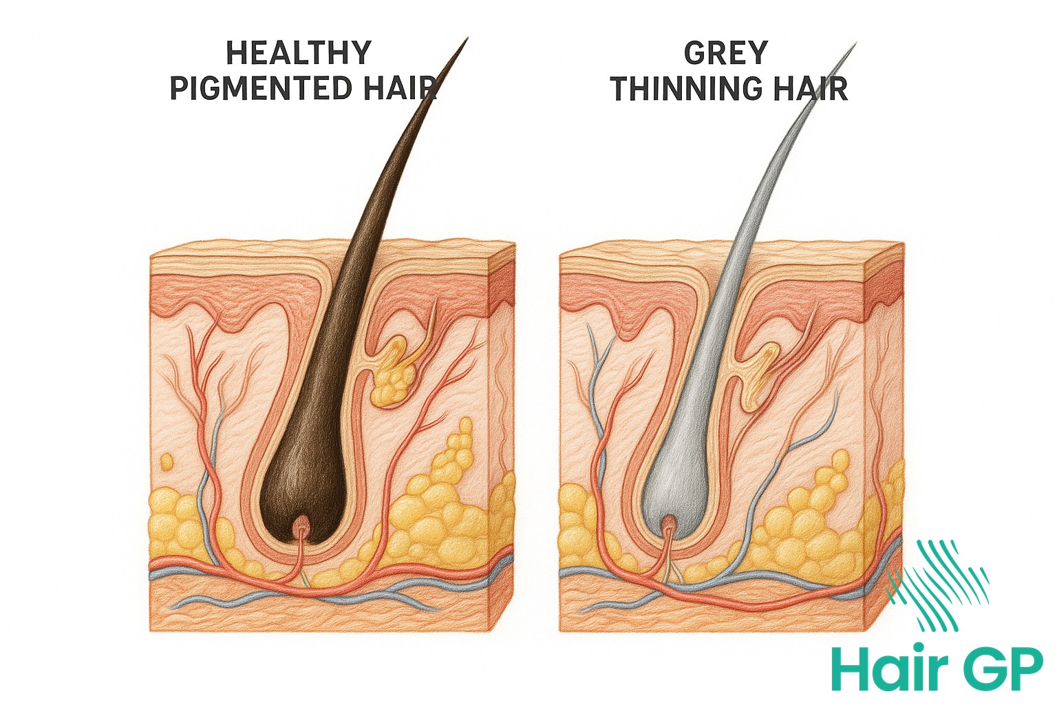 Cross-section diagram showing grey thinning hair follicle structure compared to healthy pigmented hair