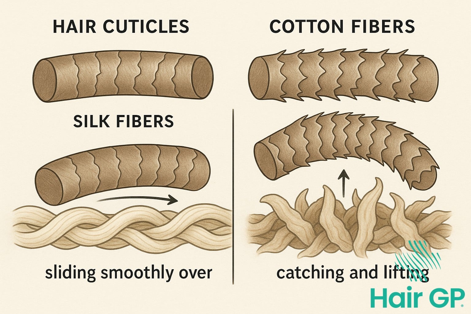 Scientific illustration of hair cuticles showing reduced friction on silk versus increased friction on cotton