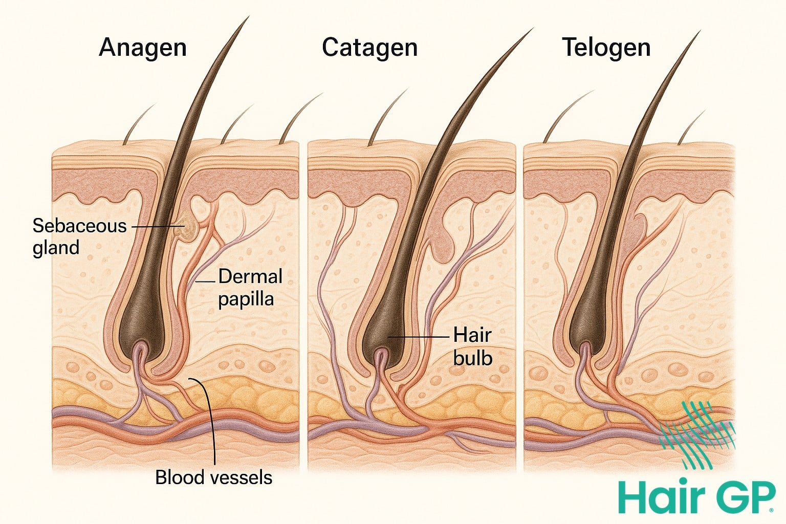 Hair follicle anatomy showing growth cycles and blood supply