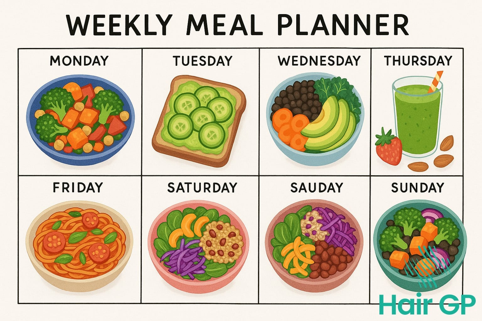 Weekly plant-based meal plan optimized for hair health with diverse nutrient sources