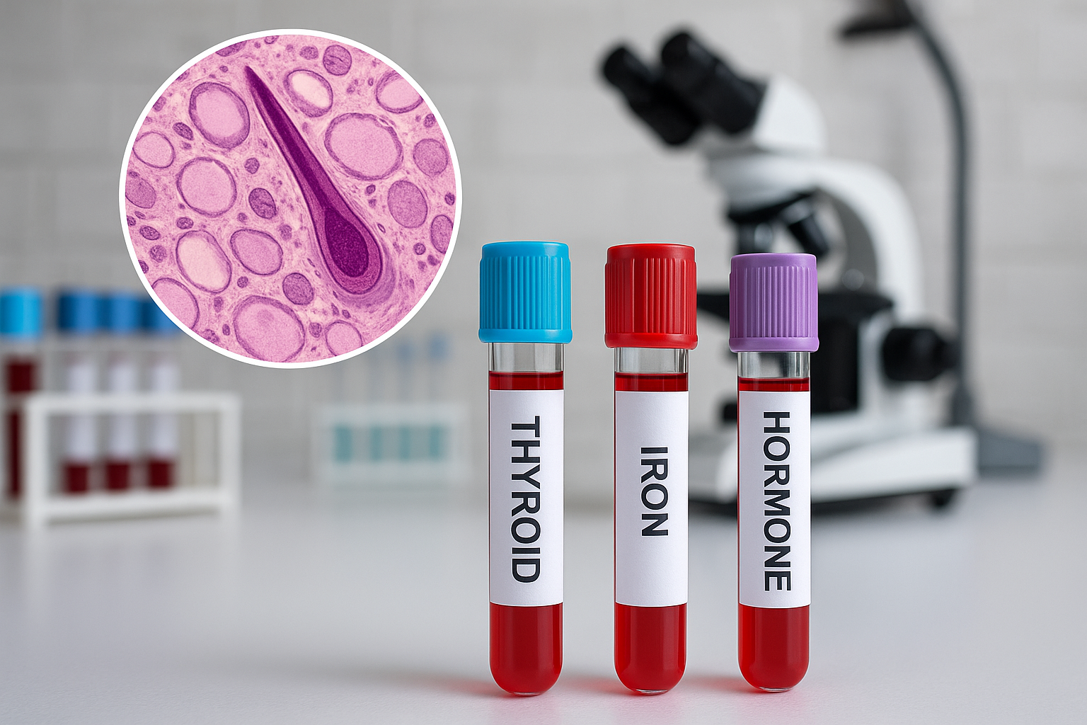 Blood test tubes and hair follicle biopsy for diagnosing hair loss causes