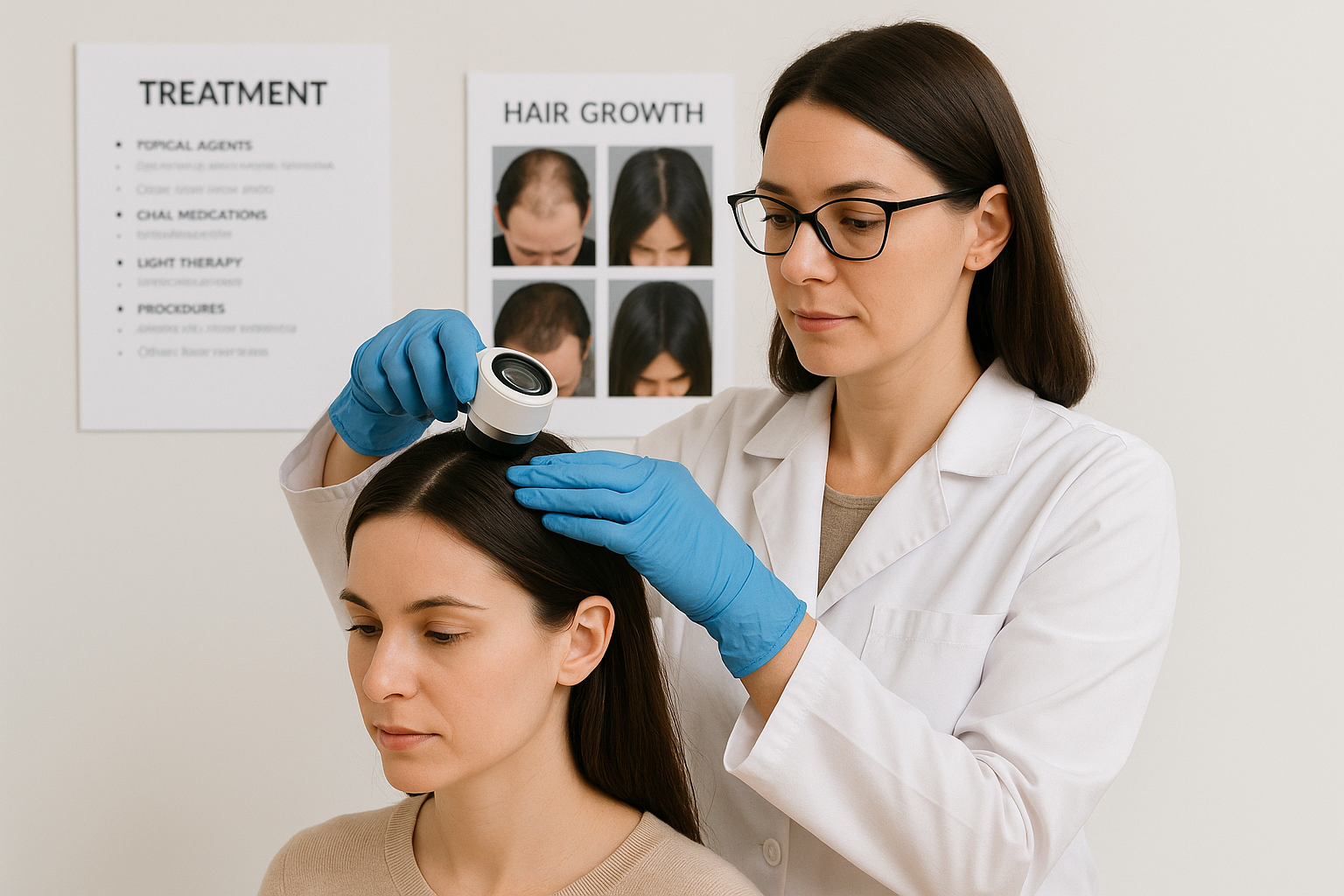 Woman consulting with dermatologist about hair loss treatment options including minoxidil