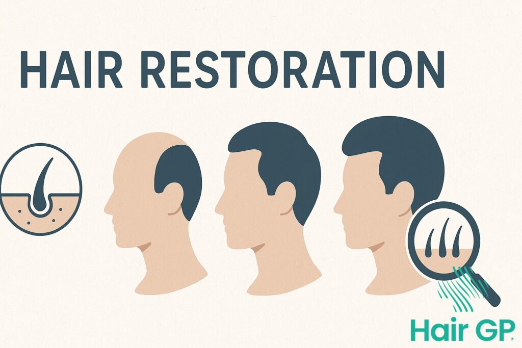 A clean, professional banner image for a blog category titled “Hair Restoration.” The image should include a subtle, gender-n