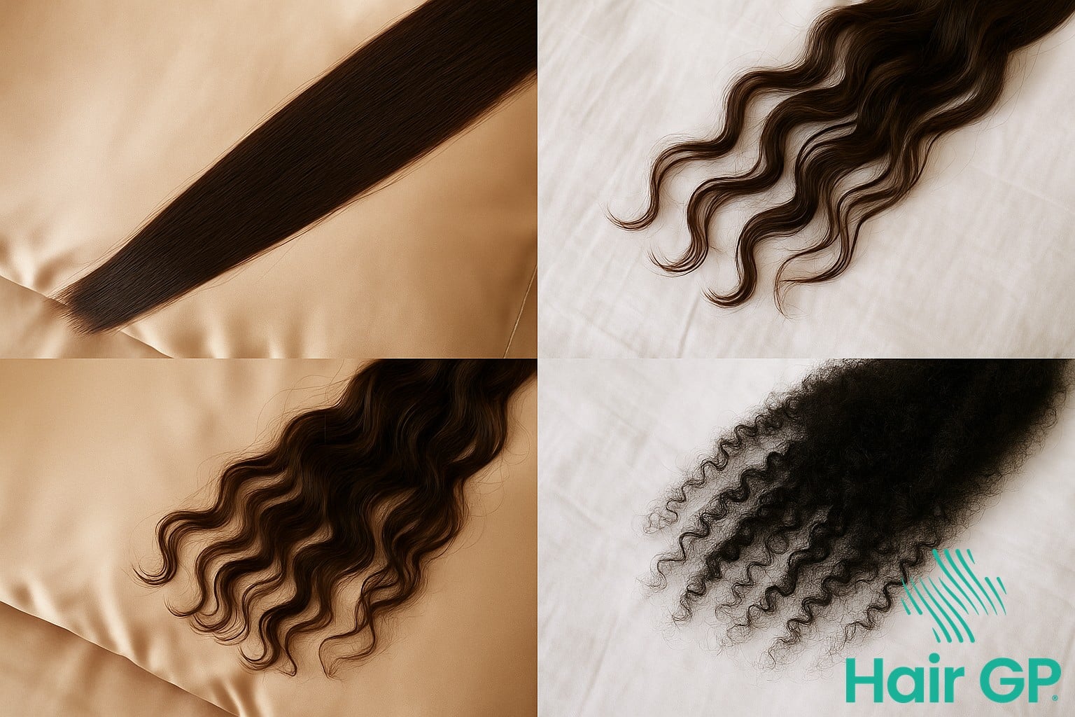 Different hair types including straight, wavy, curly and coily hair on various pillowcase materials