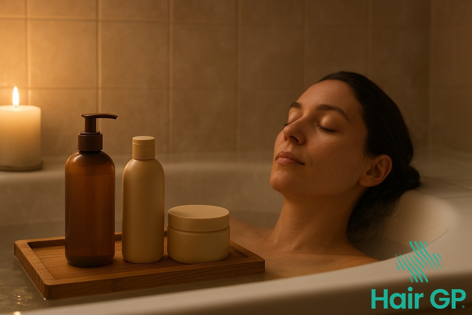 Person practicing mindfulness during hair care routine in peaceful bathroom setting