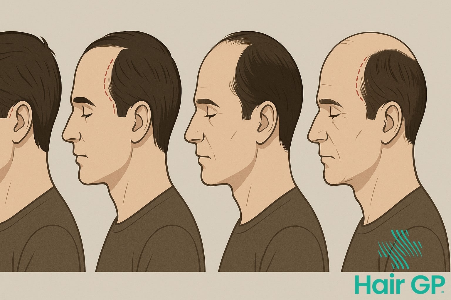 Progressive stages of hairline recession and edge thinning