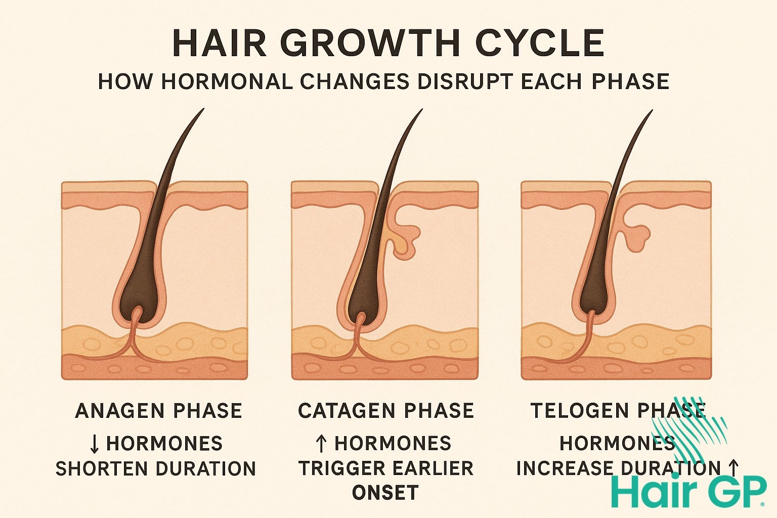 Scientific diagram explaining how hormones affect the hair growth cycle during perimenopause