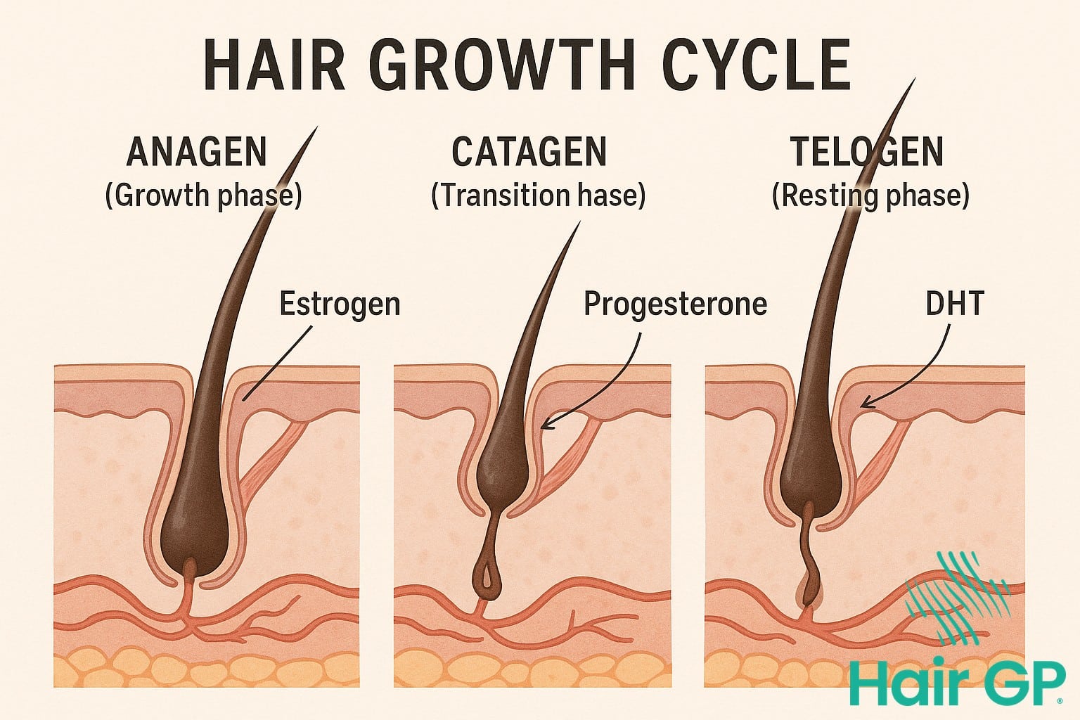 Hair growth cycle phases showing hormonal influences on anagen catagen telogen stages