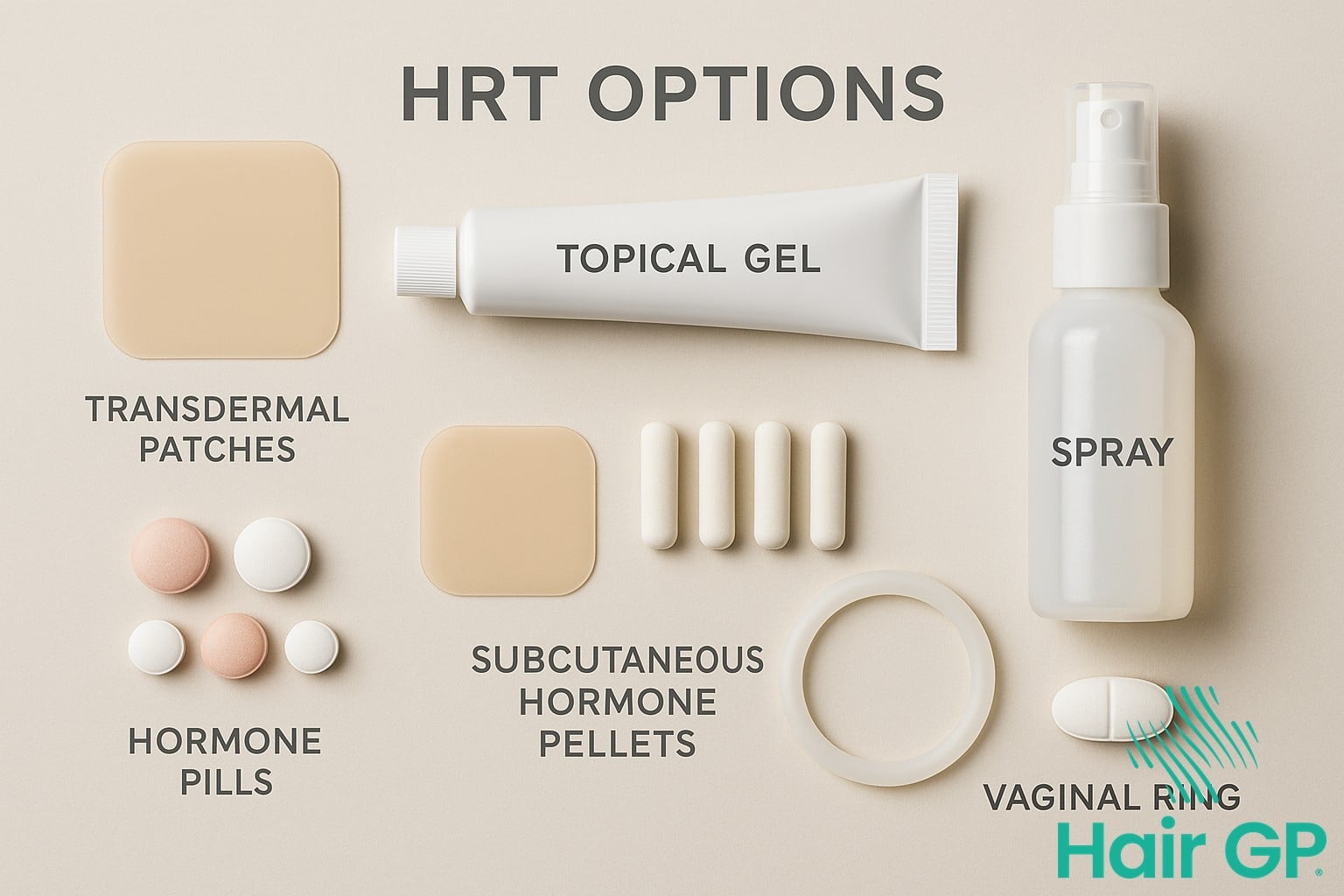 HRT delivery methods comparison showing patches gels pills and hair health benefits