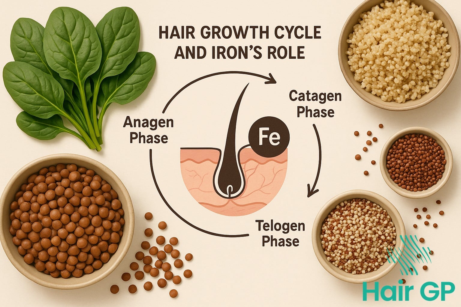 Iron-rich plant foods for preventing hair loss including leafy greens and legumes