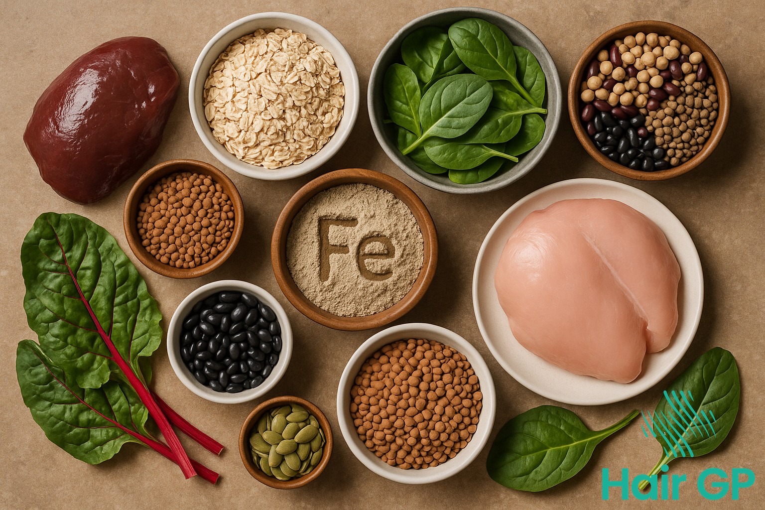 Collection of iron rich foods including spinach, lean beef, and legumes for hair health