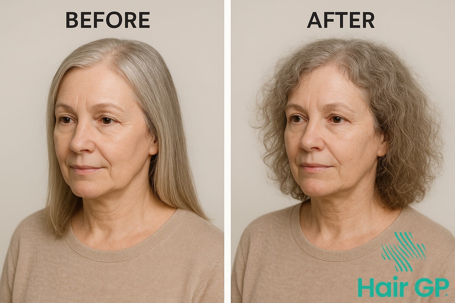 Comparison showing hair thinning and texture changes during menopause