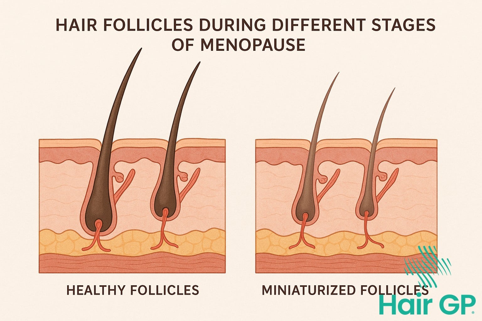 Hair follicle changes during menopause showing healthy vs miniaturized follicles