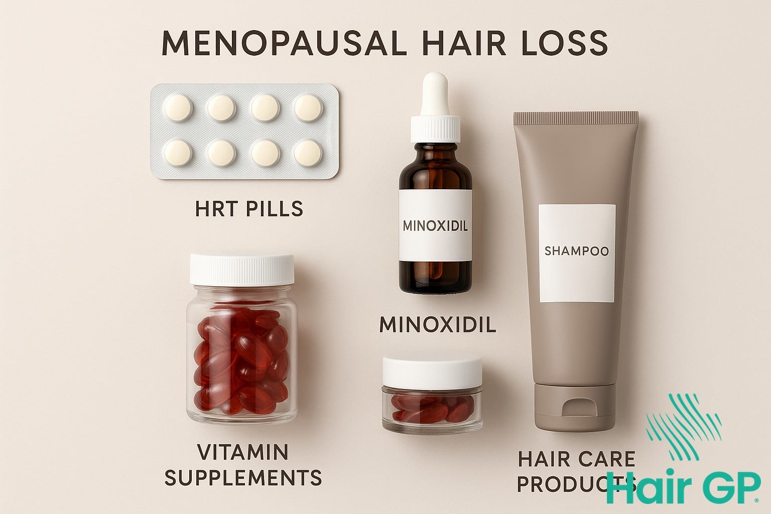 Various treatment options for menopausal hair loss including HRT and minoxidil