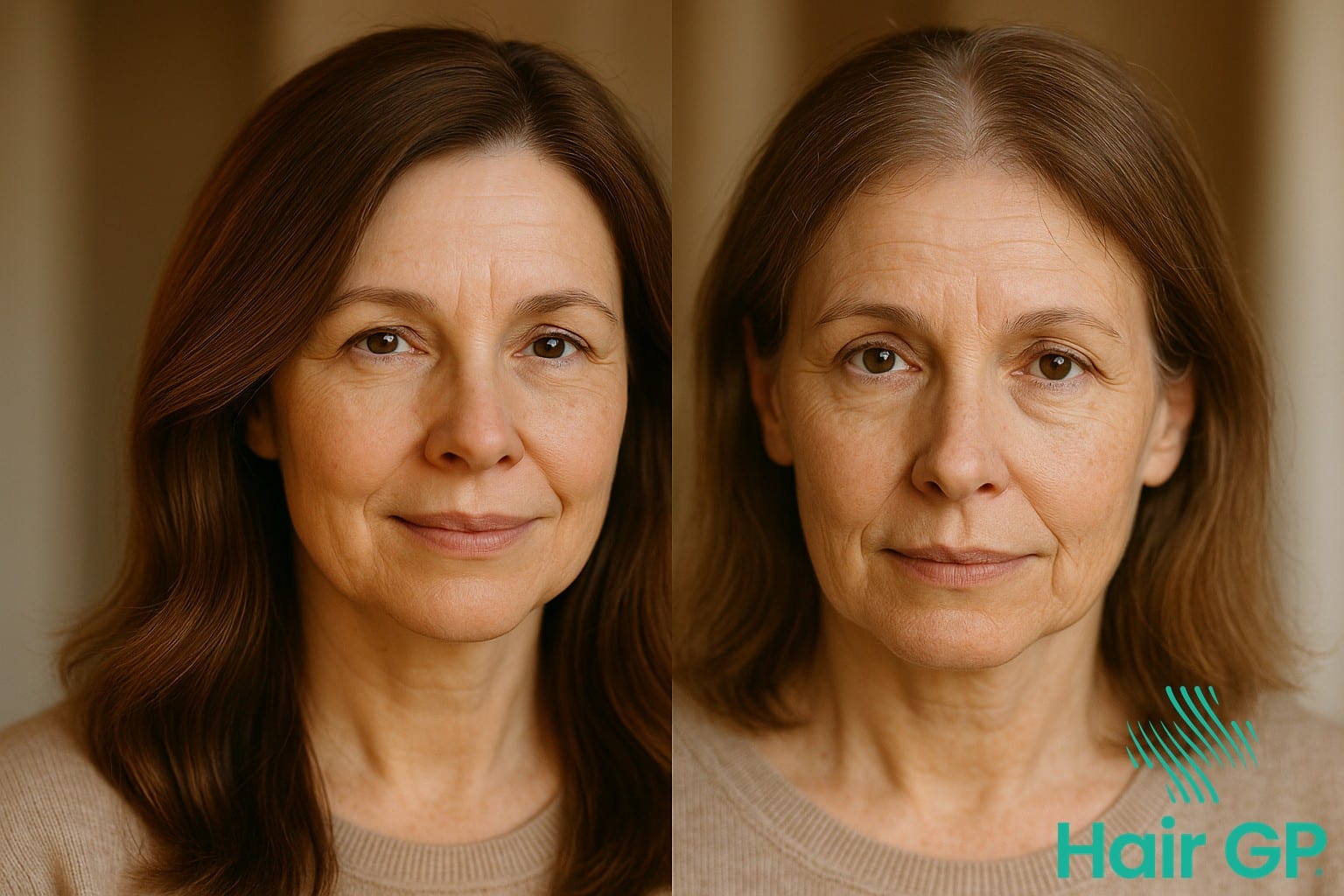 Woman showing hair changes from menopause including thinning and texture differences