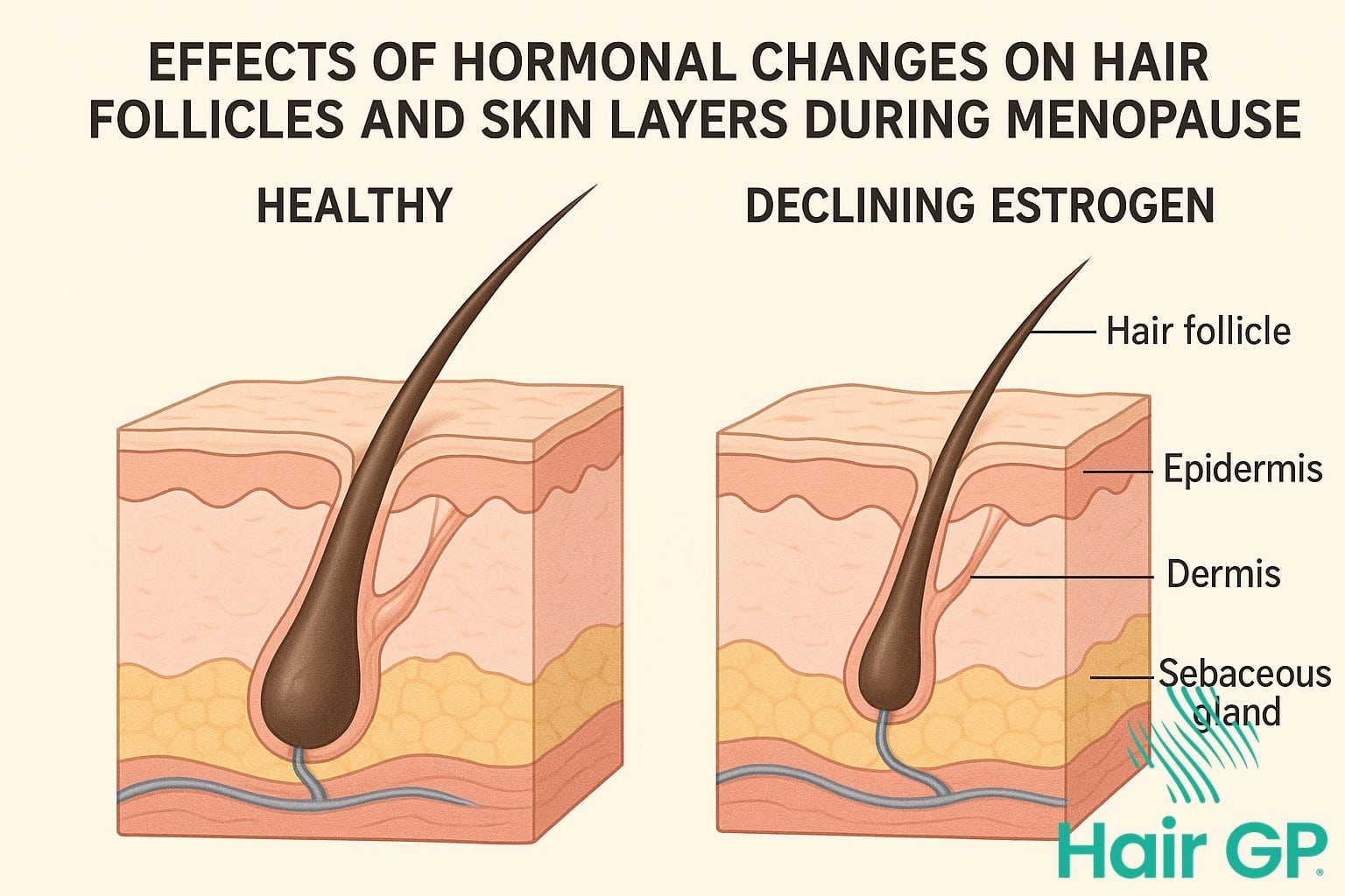 Diagram showing hormonal effects on hair follicles and skin during menopause