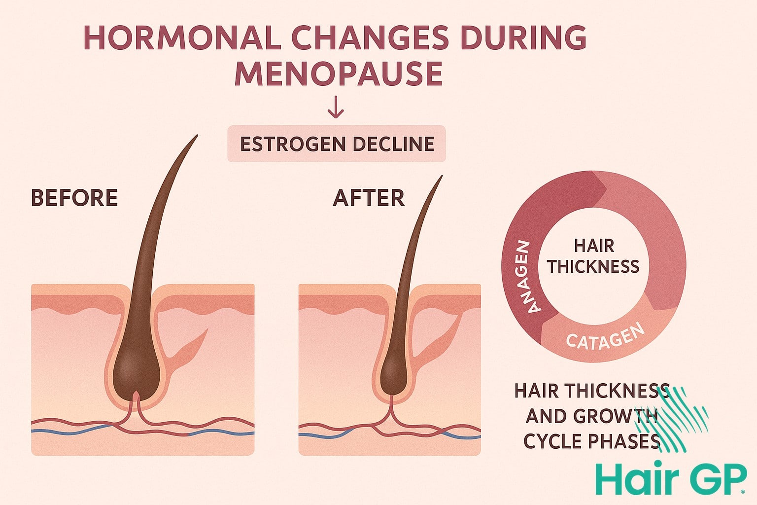 Infographic illustrating hormonal changes during menopause affecting hair follicles and growth