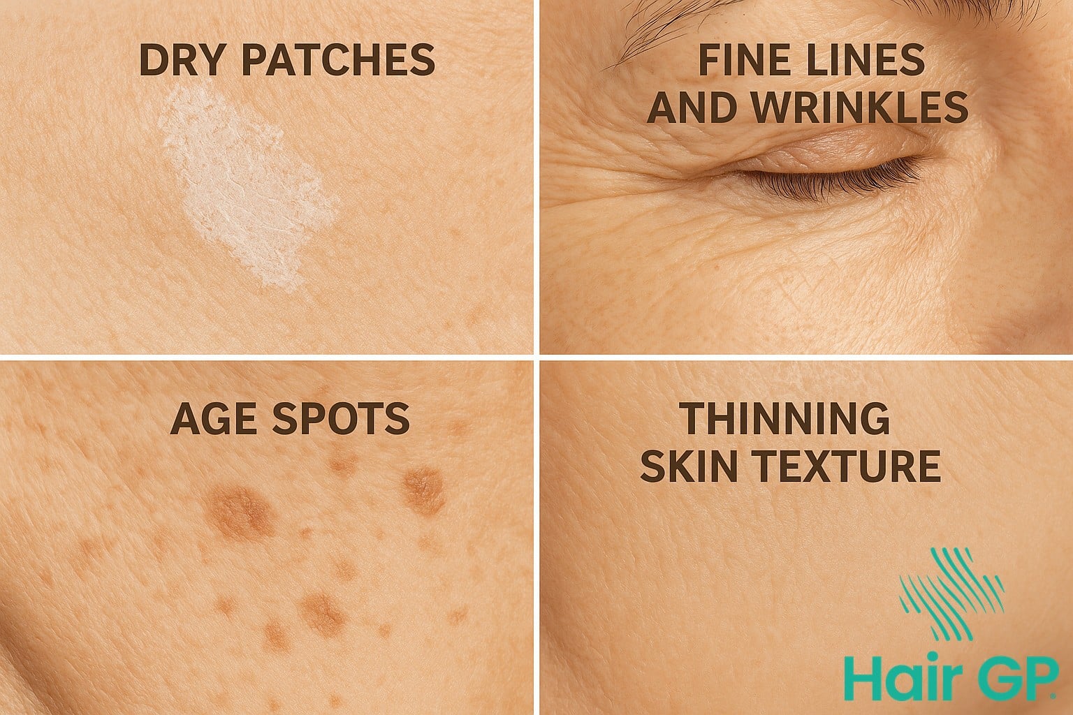 Grid showing dry skin, wrinkles, and age spots during menopause