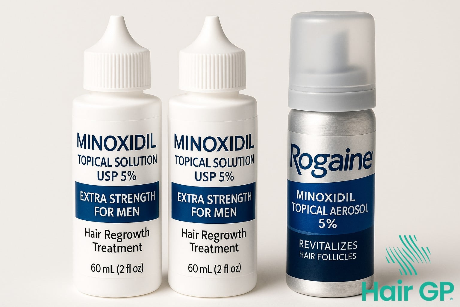 Minoxidil and Rogaine bottles for hair loss treatment