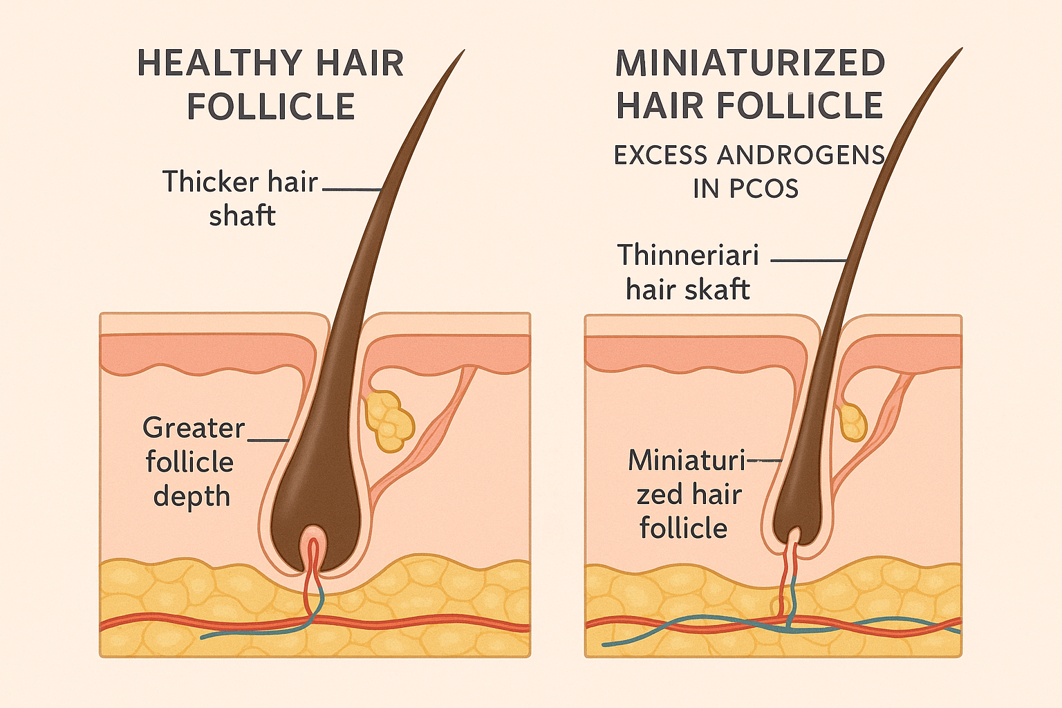 Comparison of healthy hair follicles versus PCOS-affected miniaturized follicles showing androgenic alopecia process