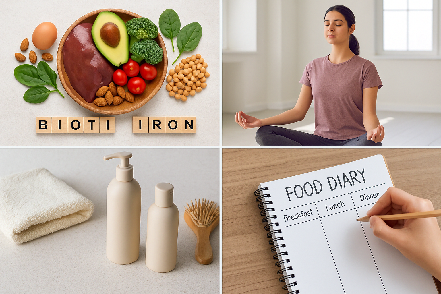 Healthy lifestyle practices for preventing PCOS hair loss including nutritious foods, exercise, and gentle hair care