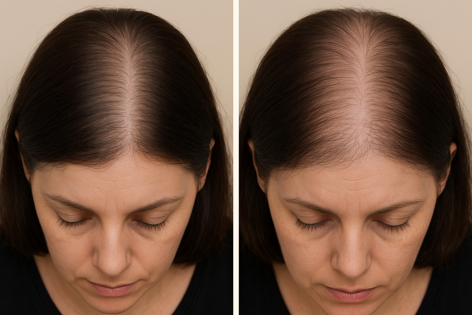 Progressive hair thinning symptoms showing PCOS-related female pattern baldness development over time
