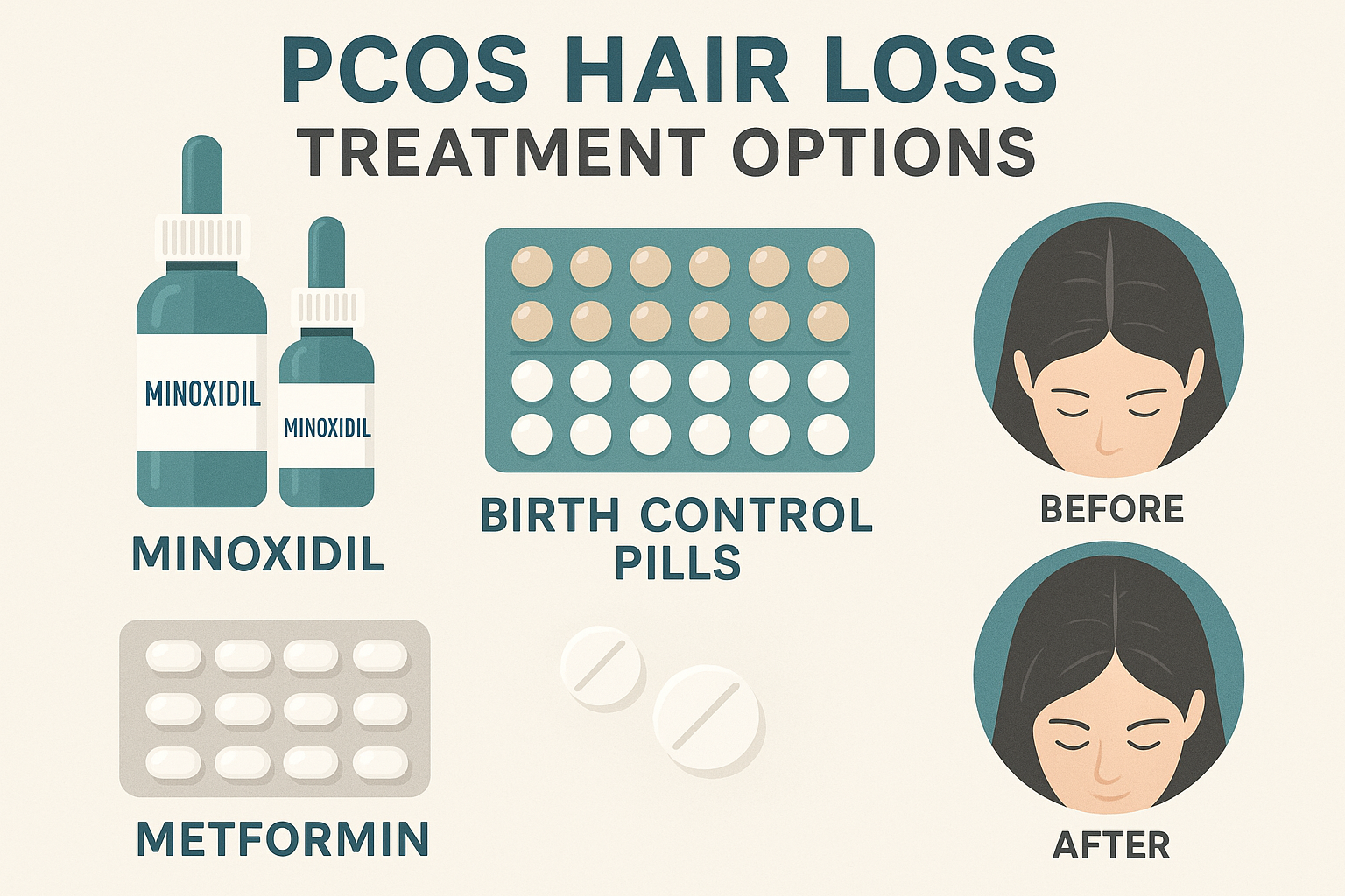 Various PCOS hair loss treatment methods including topical minoxidil, hormonal medications, and lifestyle interventions