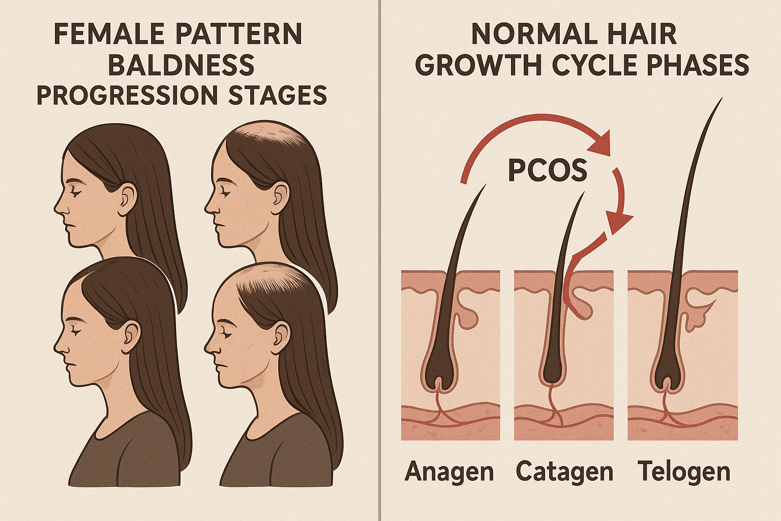 Female pattern baldness stages and hair growth cycle disruption caused by PCOS hormonal imbalance
