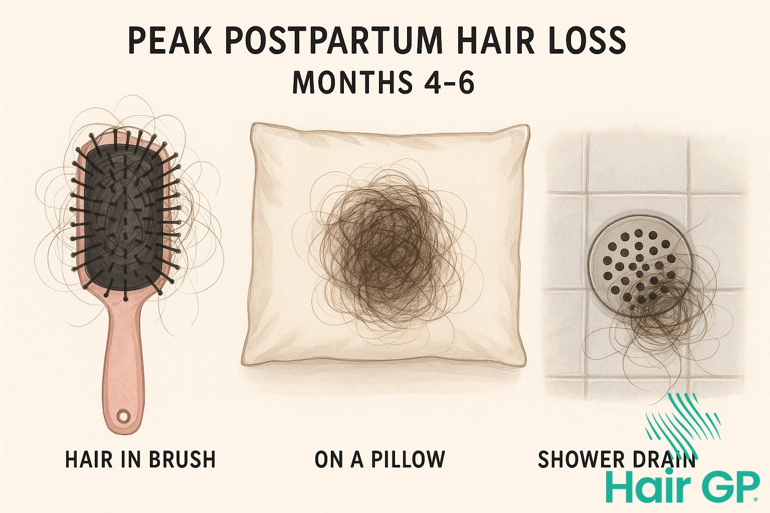 Peak postpartum hair loss showing hair shedding months 4-6 after giving birth