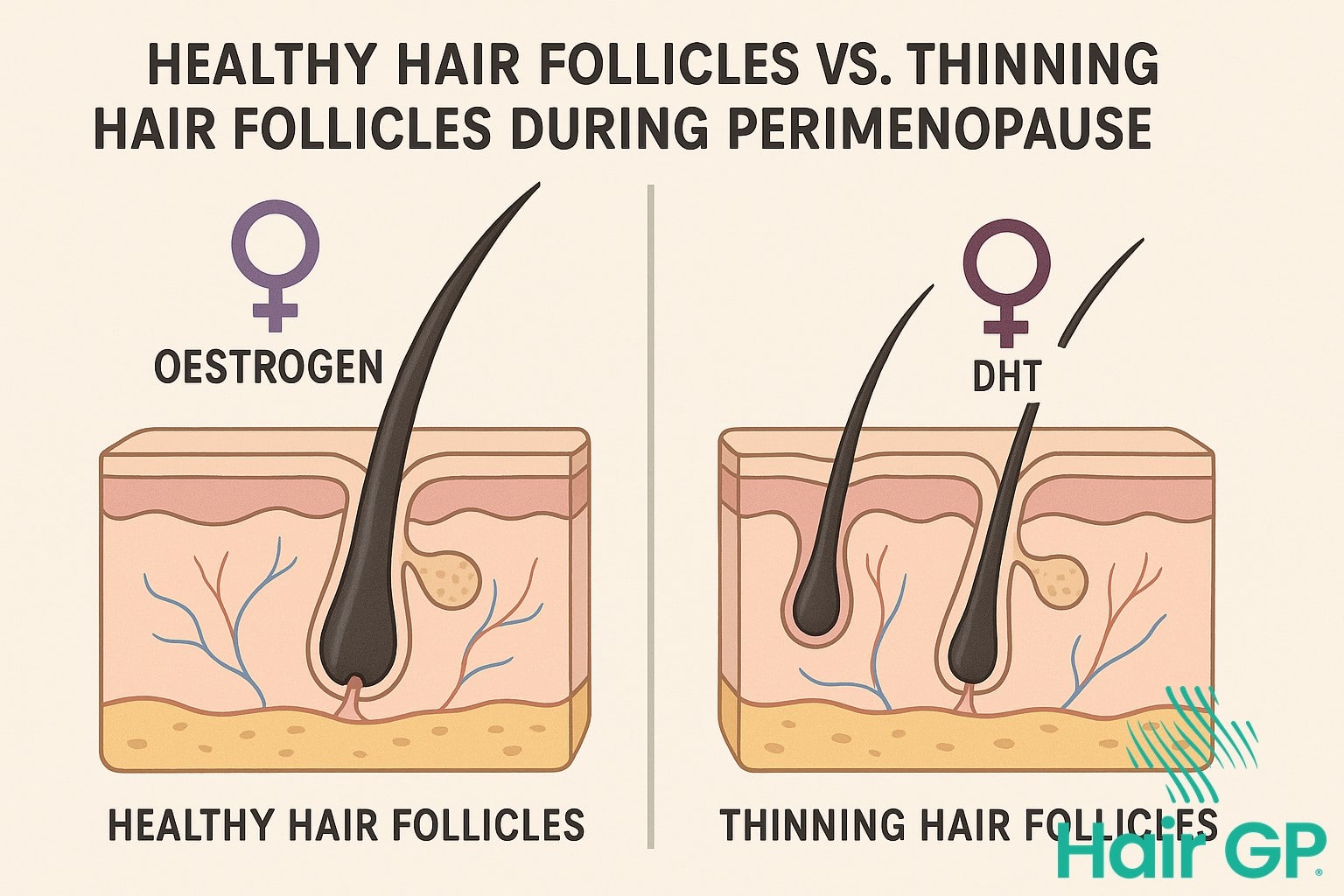 Comparison of hair follicles before and during perimenopause showing hormonal impact