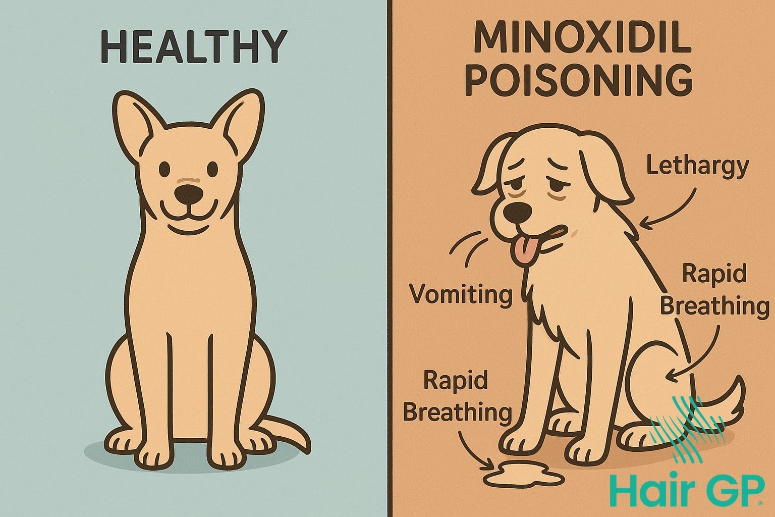 Comparison of healthy pet versus pet with minoxidil poisoning symptoms