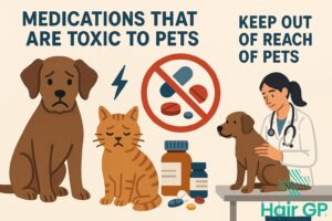 Professional, educational images focusing on pet health safety, veterinary care, and poisoning prevention methods, using clea