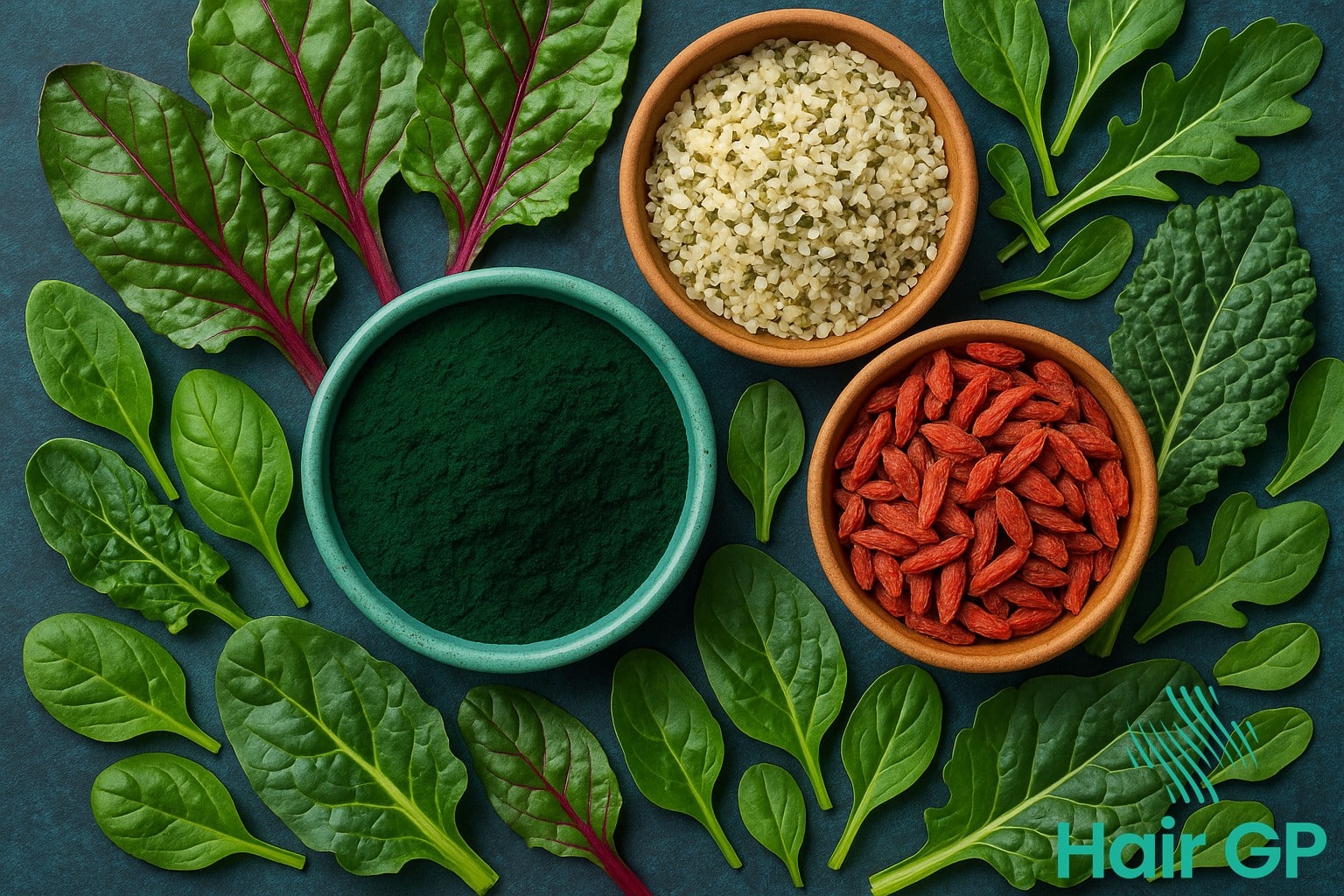 Plant-based superfoods including spirulina and hemp seeds for optimal hair health