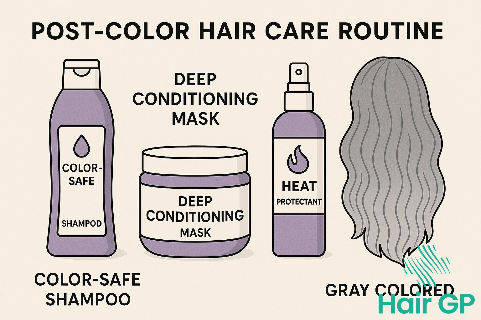 Post-color hair care routine with color-safe products for maintaining grey hair color
