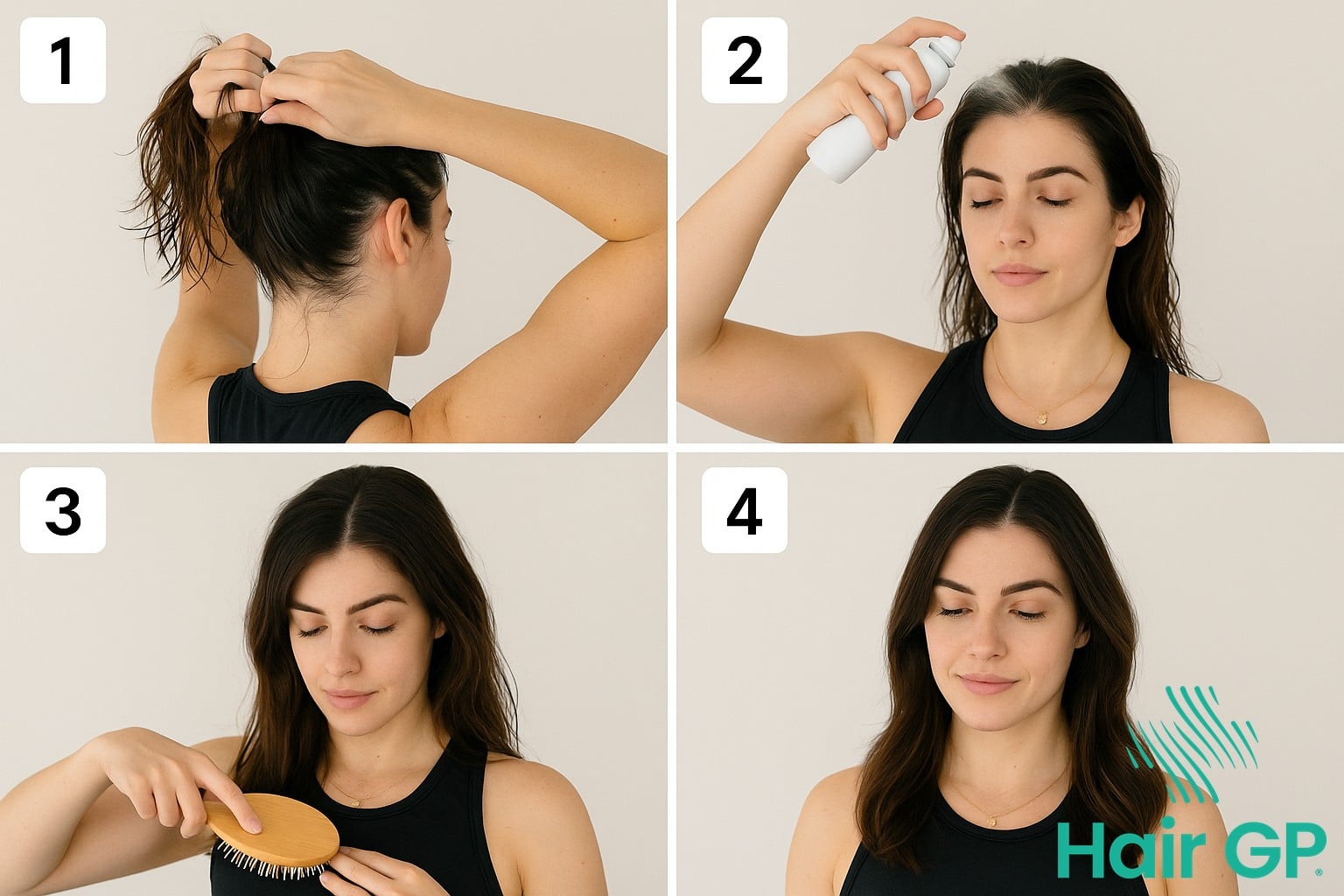 Step-by-step post-workout hair care routine demonstration