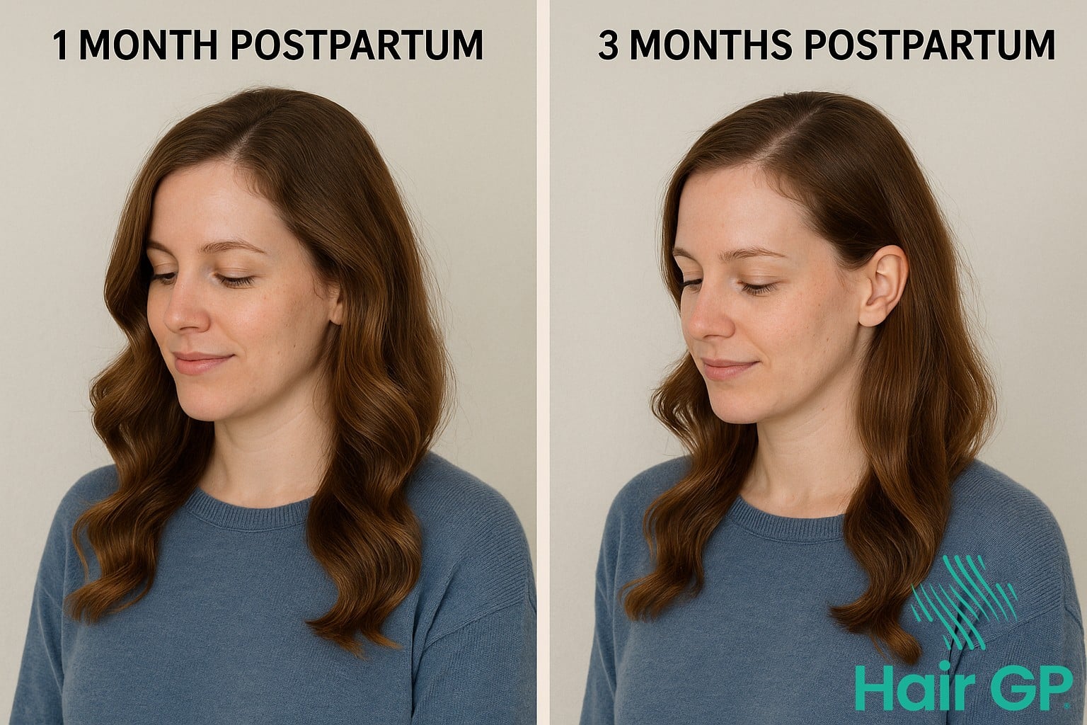 New mother's hair comparison showing months 1-3 postpartum hair changes
