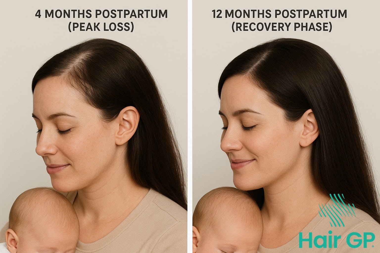 Hair recovery comparison showing improvement from peak loss to 12 months postpartum