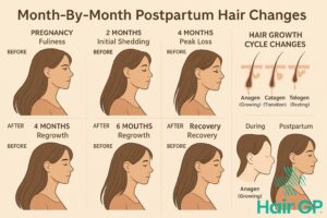 Main illustration for Postpartum Month-by-Month Hair Timeline: What to Expect