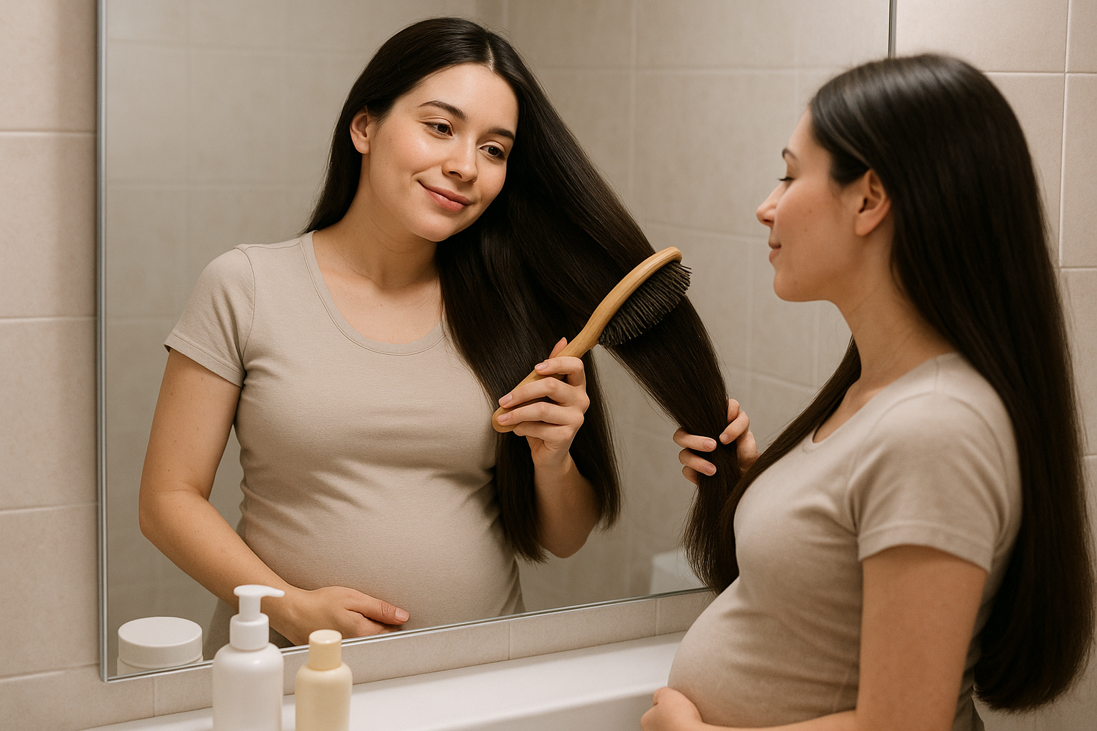 Pregnant woman caring for thick, healthy pregnancy hair