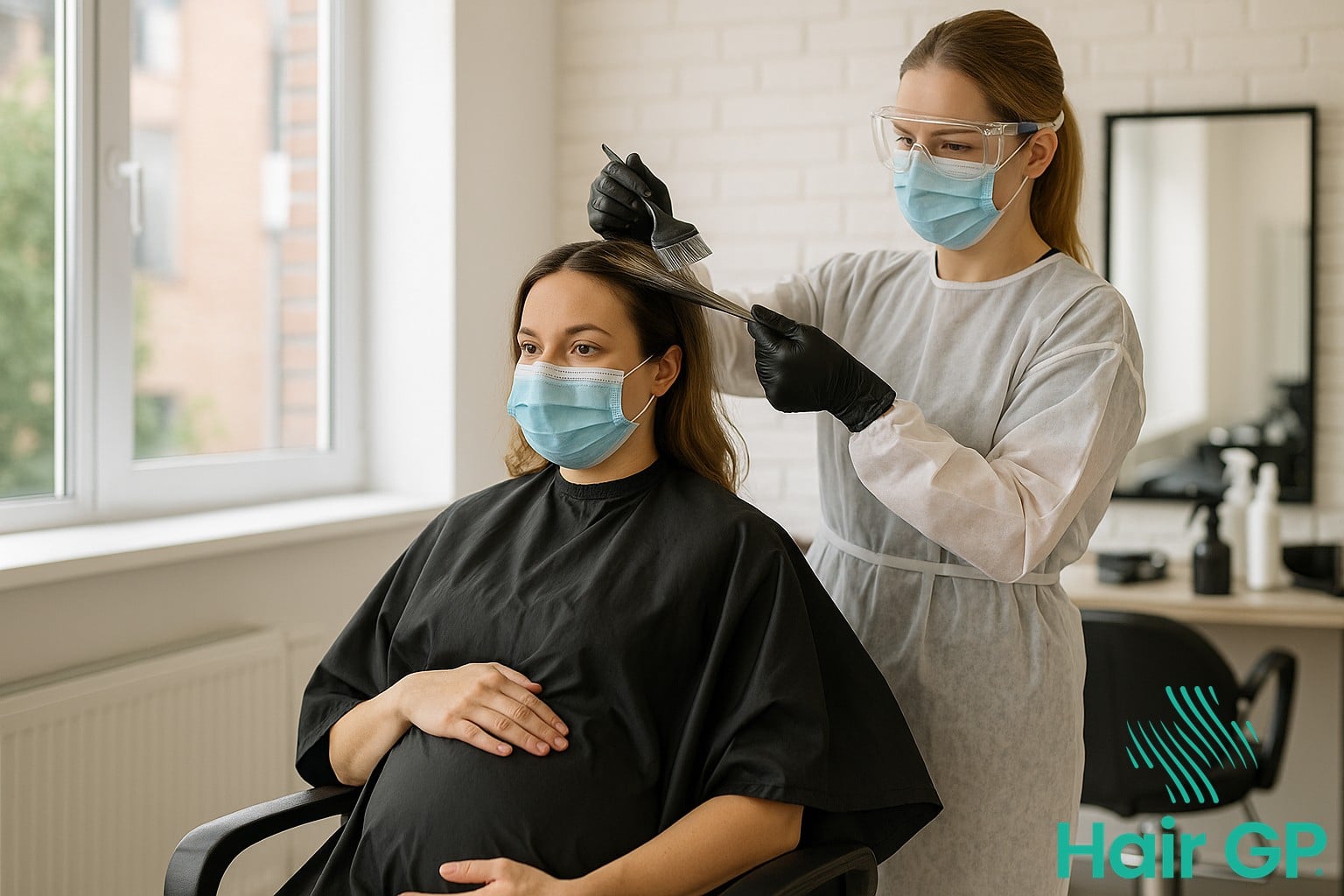 Pregnant woman receiving safe hair treatment in well-ventilated professional salon