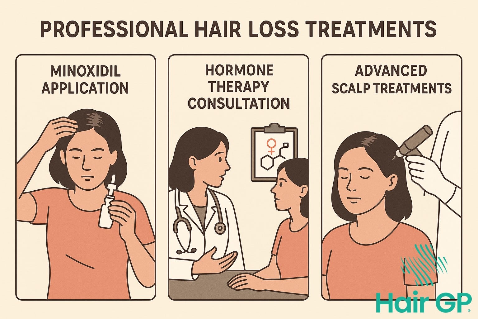 Professional hair loss treatment options for women including minoxidil and hormone therapy