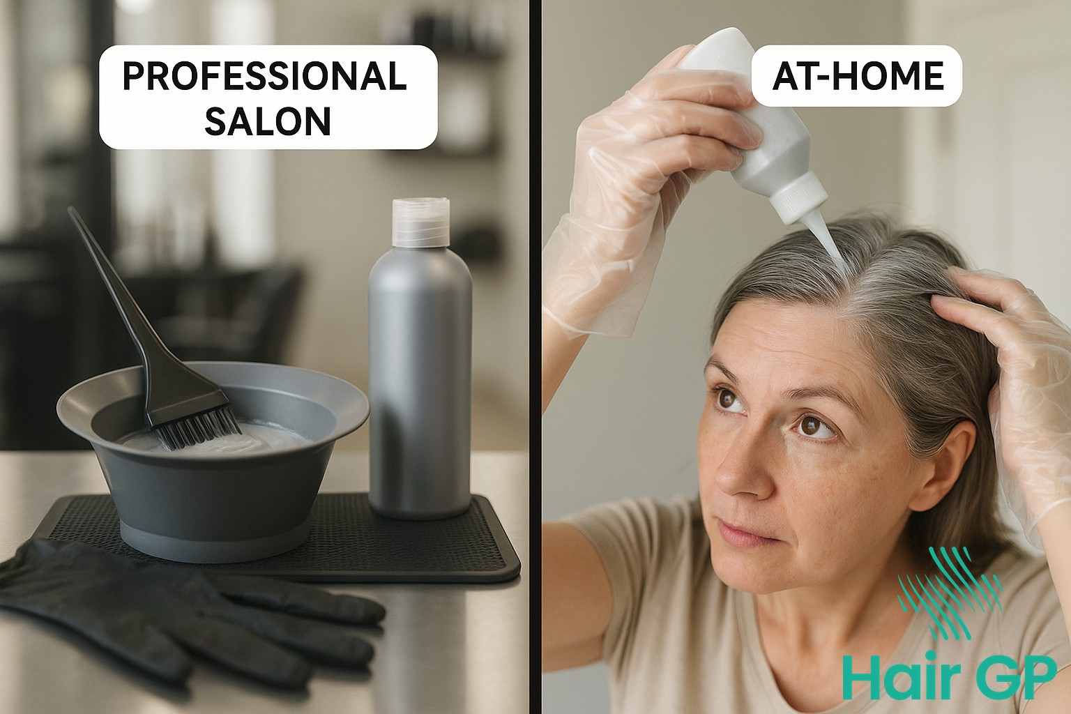 Comparison of professional salon grey hair coloring versus at-home hair dye application