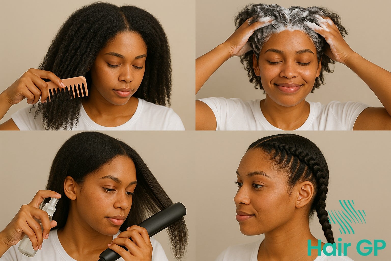 Teen learning proper hair care techniques including detangling, washing, and heat styling safety