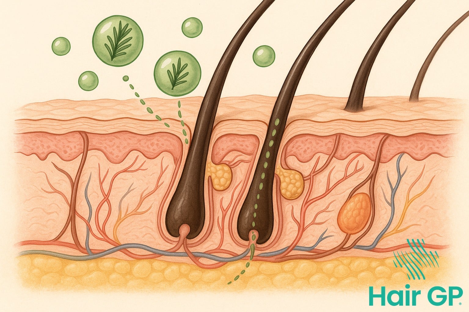 Scientific diagram of rosemary oil effects on hair follicles and scalp