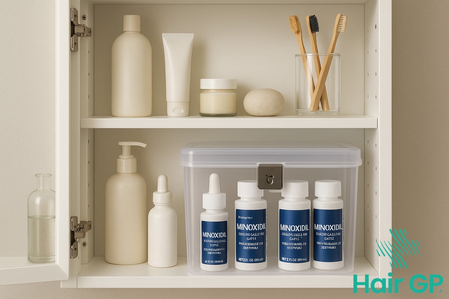 Proper minoxidil storage in locked cabinet for pet safety
