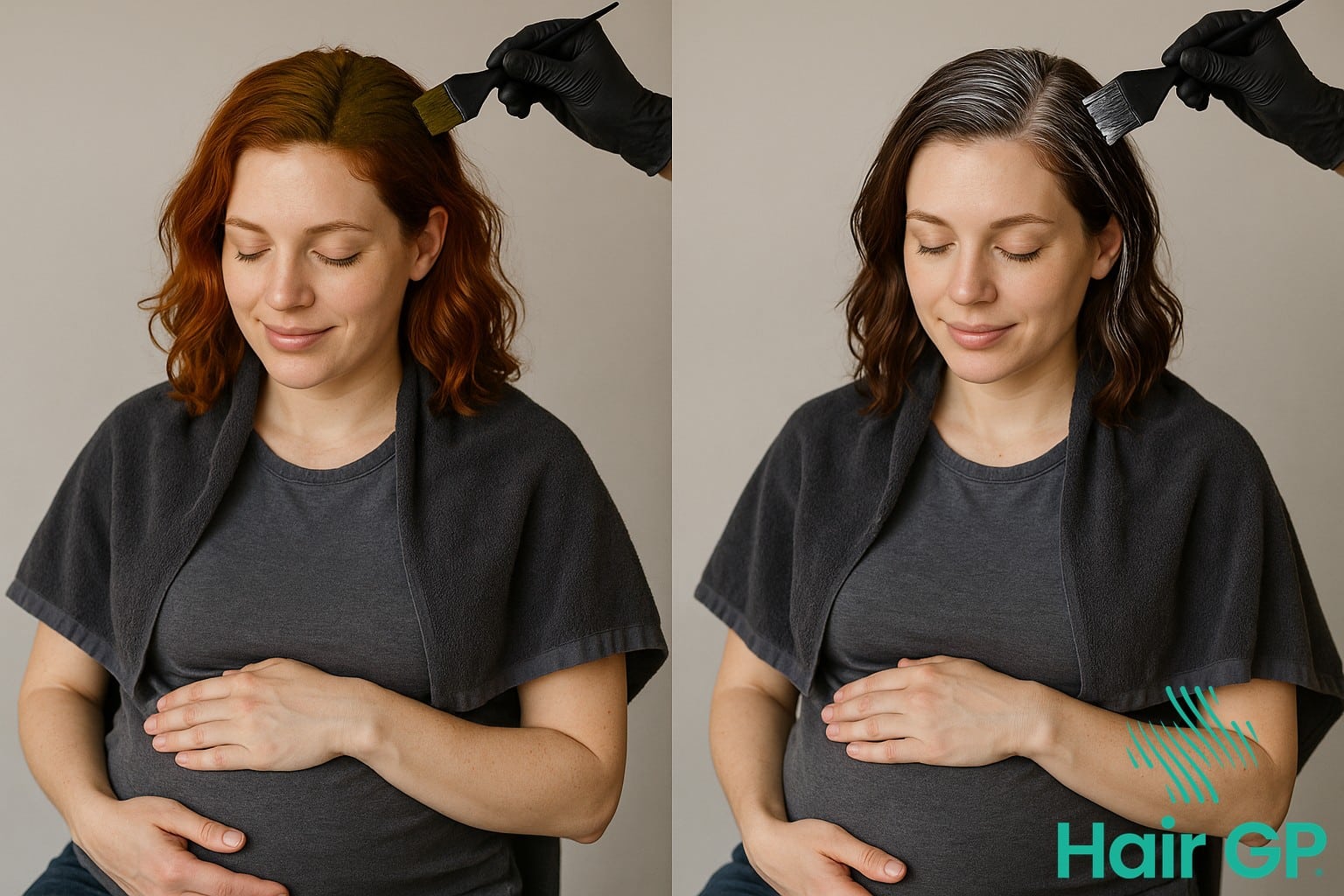 Pregnant woman receiving safe henna hair treatment as alternative to chemical dyes