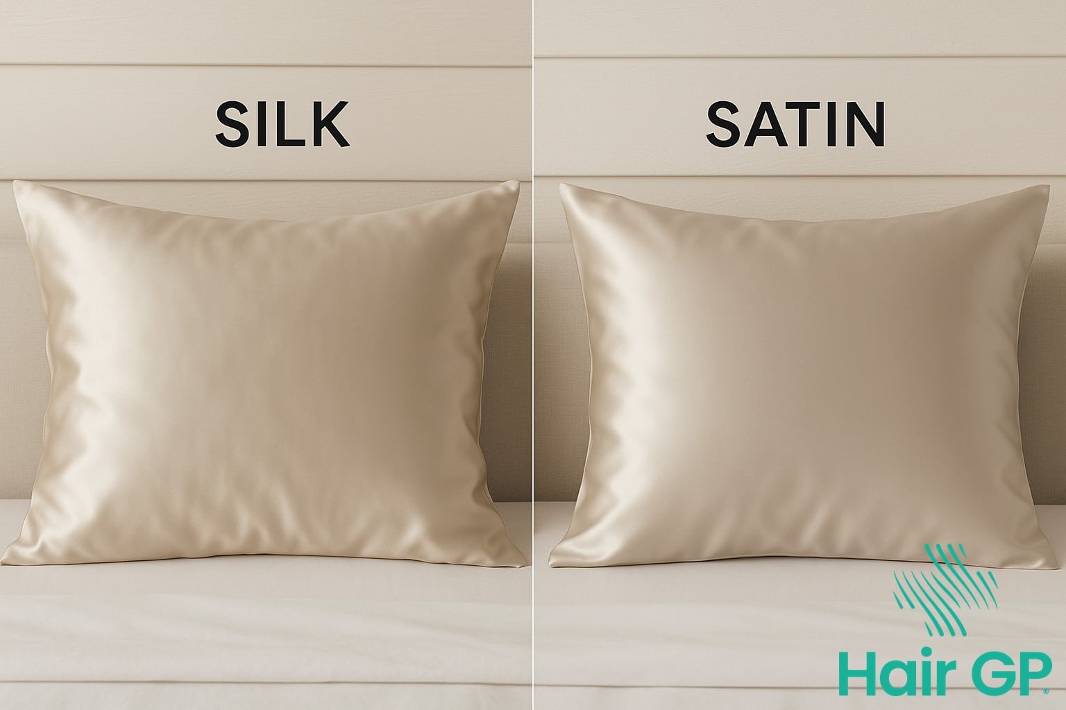 Side by side comparison of satin and silk pillowcases showing similar appearance but different materials