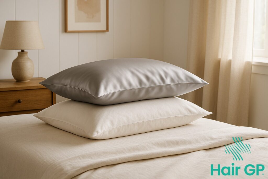 Professional lifestyle photography showing a peaceful bedroom scene with both silk and cotton pillowcases displayed